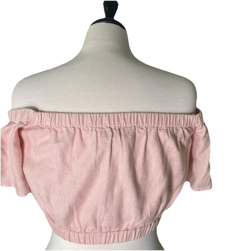 Abercrombie & Fitch Linen Blend Pink Crop Top with Puff Sleeves Size Small